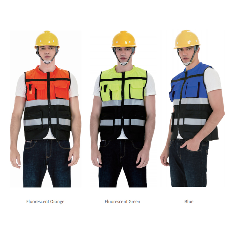 Two bar Multi Pocket Color Blocking Zipper Reflective Vest